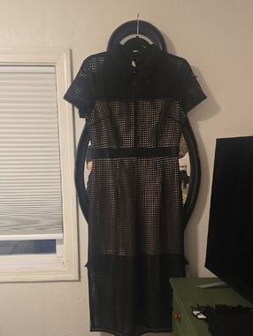 Alisa Pan Black Mesh Short-Sleeve Midi Dress